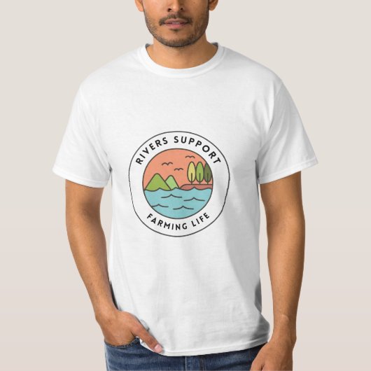 Friedliches Design der Orange Blue Retro River Far T-Shirt (Vorderseite)