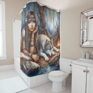 Friedliches Flussufer mit Wolfsfreund Duschvorhang