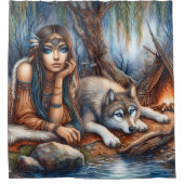 Friedliches Flussufer mit Wolfsfreund Duschvorhang (Vorderseite)