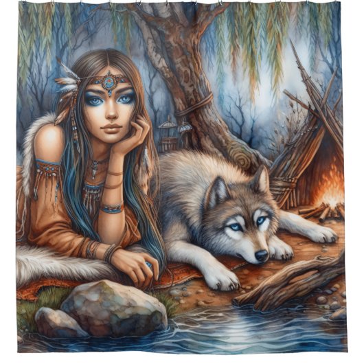 Friedliches Flussufer mit Wolfsfreund Duschvorhang (Vorderseite)