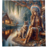 Friedliches Flussufer mit Wolfsfreund Duschvorhang (Vorderseite)