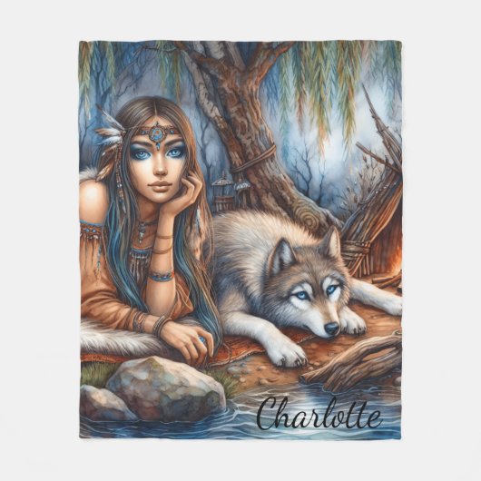 Friedliches Flussufer mit Wolfsfreund Fleecedecke (Vorderseite)