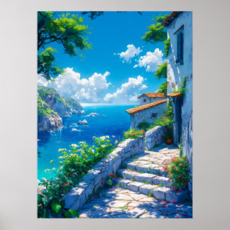 Friedliches Küstendorf im Sommer Poster