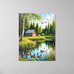 Friedliches Landhaus am Waldteich mit Enten Leinwanddruck