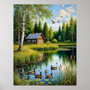 Friedliches Landhaus am Waldteich mit Enten Poster