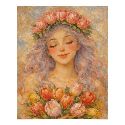 Friedliches Mädchen mit gelben Tulpen Poster (Vorderseite)