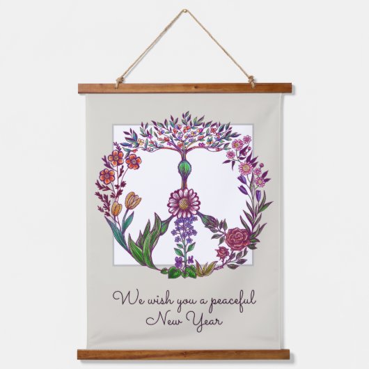 Friedliches neues Jahr Blumenfriedenszeichen Perso Wandteppich Mit Holzrahmen (Vorderseite)