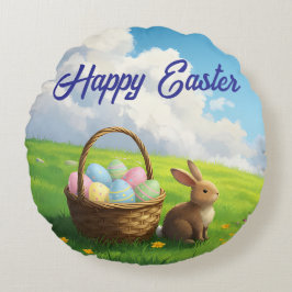 Friedliches Ostern Frühling Wiese Hase & Eierkorb Rundes Kissen