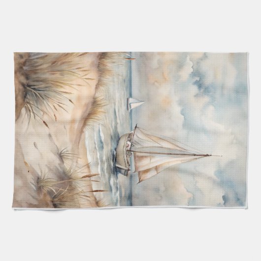 Friedliches Segeln Wasserfarbenküste Geschirrtuch (Horizontal)