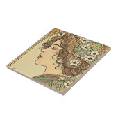 Friedliches weibliches Profil mit Frühlingsblumen Fliese (Seite)