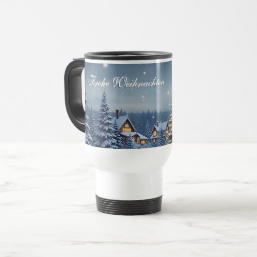 Friedliches Weihnachtsdorf mit Lichtern Reisebecher (Vorderseite Links)