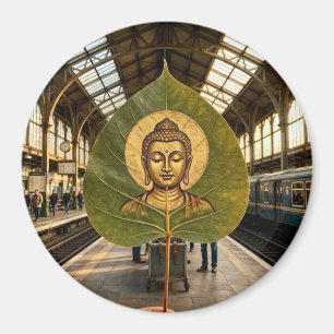 Friedvolles Buddha-Gesicht auf Bodhi-Blatt Künstle Magnet