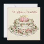Friend Birthday Card Vintage Flower Cake and Poem  Karte<br><div class="desc">Editable text on the front reads "For [Name] on her Birthday." Beautiful illustration of a delicate pink and white cake decorated with daisy flowers and pink roses. Vintage poem about birthday wishes on the back.</div>