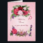 Friend Birthday Gorgeous Rose<br><div class="desc">Diese Geburtstagskarte für einen Freund hat schöne Rose in voller Blüte. Der rosa Hintergrund hat blass rosa Rosen,  die durch das Bild hindurch zeigen. Eine wunderschöne,  traditionelle Geburtstagskarte,  die wirklich Freude bereiten wird.</div>