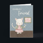 Friend Birthday Kitty in a Dress Holding Blume Karte<br><div class="desc">Die Geburtstagskarte eines Freundes hat eine niedliche, handgezeichnet Katze, die in sanften Pastelltönen gemalt ist. Kitty ist stehend und trägt eine hübsche, rosa und grüne Kleidung, die seiner furry-Persöna eine skurrile Touch verleiht. In seiner Pfote ist eine einfache Blume, als ob ein Geschenk mit einer sanften Anmut. Der Hintergrund um...</div>