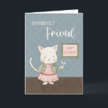 Friend Birthday Kitty in a Dress Holding Blume Karte<br><div class="desc">Die Geburtstagskarte eines Freundes hat eine niedliche, handgezeichnet Katze, die in sanften Pastelltönen gemalt ist. Kitty ist stehend und trägt eine hübsche, rosa und grüne Kleidung, die seiner furry-Persöna eine skurrile Touch verleiht. In seiner Pfote ist eine einfache Blume, als ob ein Geschenk mit einer sanften Anmut. Der Hintergrund um...</div>