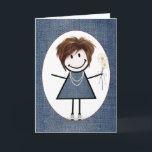Friend Birthday Strichmännchen Girl with Daisis Karte<br><div class="desc">Niedliches Strichmännchen mit Haar,  Sneakers,  blaues Denim-Kleid,  Perlenhalskette und stumpfes Bouquet auf blauem Denim-Hintergrund.</div>