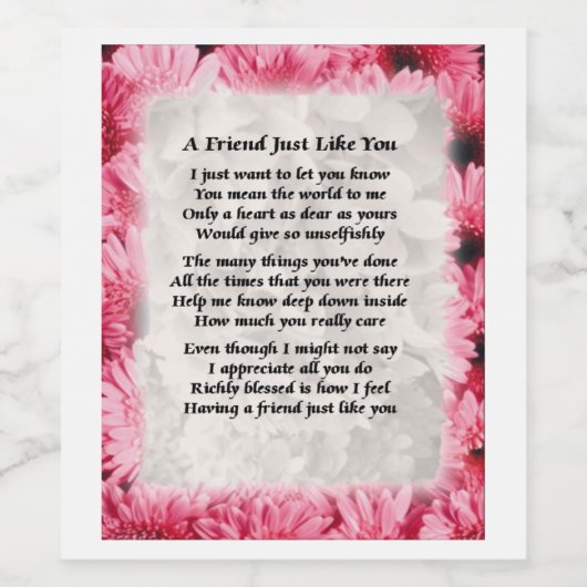 Friend Gedicht Weinflasche - Rosa Blütenblatt Weinetikett (Einzelnes Label)