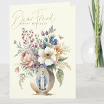 FRIEND Happy Birthday Floral Religious Dankeskarte<br><div class="desc">Mit einer religiösen Geburtstagskarte für ein DEAR FREUND mit schönen Blume in einer Vase und einem traditionellen katholischen Bild der gesegneten Jungfrau Mary,  Our Lady of Grace. Ein Schriftzeichen-Vers ist im Inneren mit den Blume und Rosenkranzen. Alle Texte und Schriftart können geändert werden.</div>