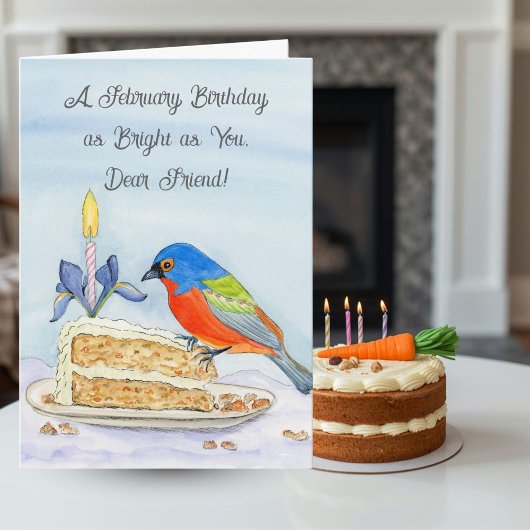 Friend Happy February Birthday Painted Bunting Karte