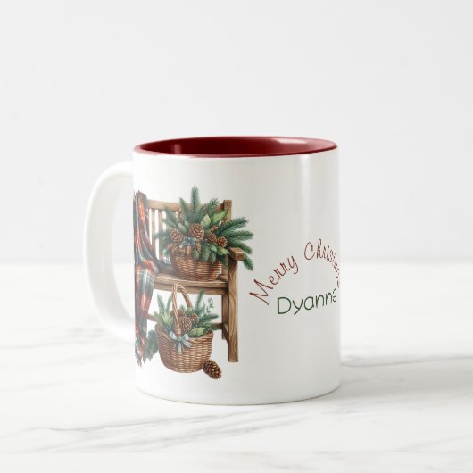 Friend Merry Christmas Blanket Bench Cosy Zweifarbige Tasse (Vorderseite Links)