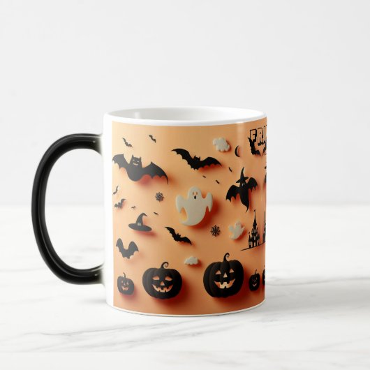 Friendly Boo Orange Halloween Ghost Jack Black Bat Verwandlungstasse (Links)