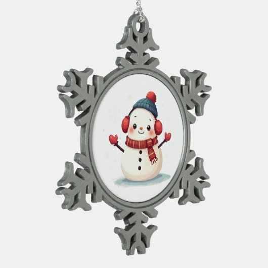 Friendly Cozy Kawaii Snowman Snowflake Schneeflocken Zinn-Ornament (Links)
