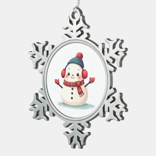 Friendly Cozy Kawaii Snowman Snowflake Schneeflocken Zinn-Ornament (Rechts)