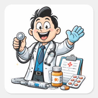 Friendly Doctor Mascot Medical Cartoon Design Quadratischer Aufkleber