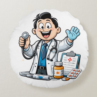 Friendly Doctor Mascot Medical Cartoon Design Rundes Kissen