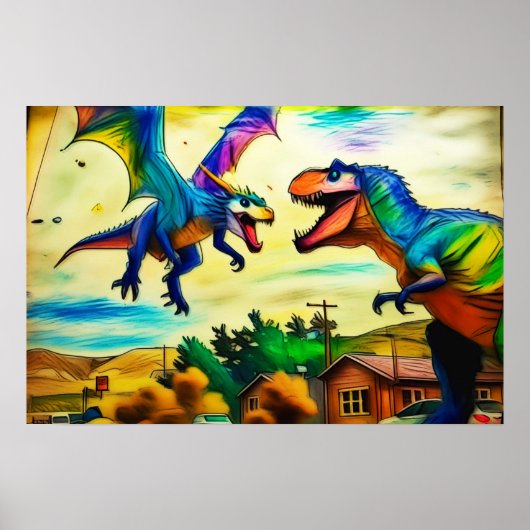 Friendly Encounter - Dragon and Dinosaur Poster (Vorne)
