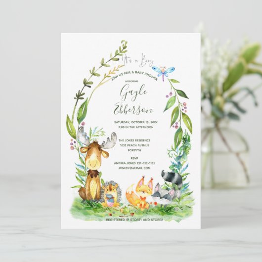 Friendly Forest Baby Dusche Einladung (Stehend Vorderseite)