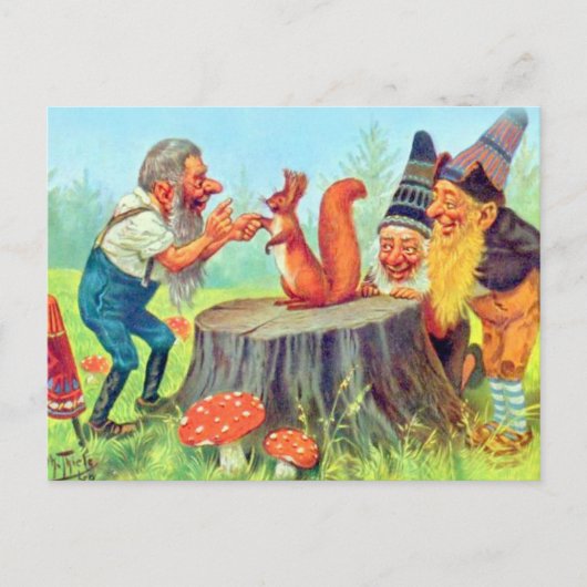 Friendly Gnomes Beobachten Sie ein Eichhörnchen Postkarte (Vorderseite)