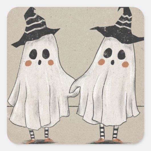 Friendly Halloween Ghost Twins Quadratischer Aufkleber (Vorderseite)