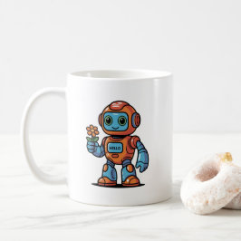 Friendly Robot Holding Blume Cartoon Weißer Kaffee Kaffeetasse