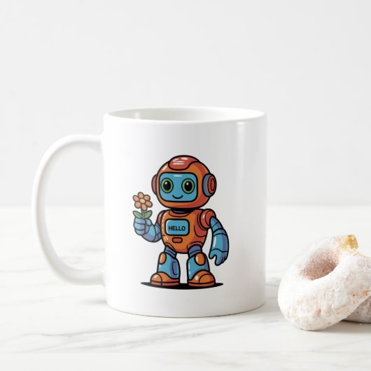 Friendly Robot Holding Blume Cartoon Weißer Kaffee Kaffeetasse (Mit Donut)