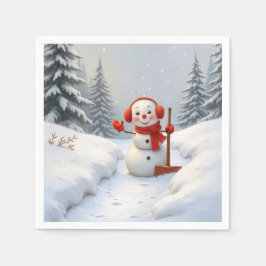 Friendly Snowman with a Red Shovel Serviette