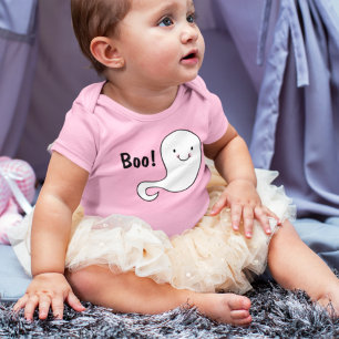Friendly White Ghost Boo Pink Baby Halloween Strampler
