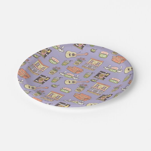 FRIENDS™ | Lila Icon Muster Pappteller (Schrägansicht)