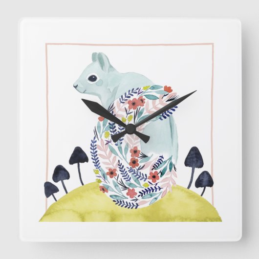 Friends of Clementine | Folk Art Squirrel Quadratische Wanduhr (Vorderseite)