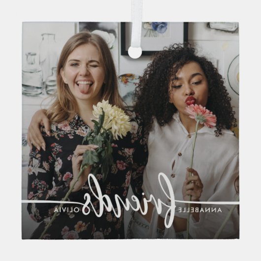 Friends Script Modernes Foto Ornament Aus Glas (Rückseite)