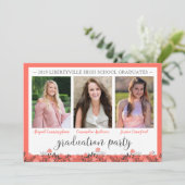 Friends Siblings Graduation Party Coral Floral Einladung (Stehend Vorderseite)