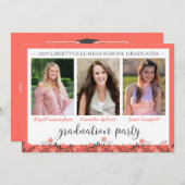 Friends Siblings Graduation Party Coral Floral Einladung (Vorne/Hinten)