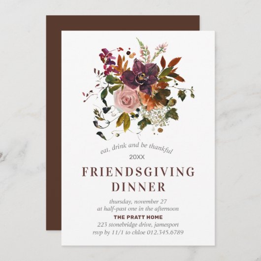 Friendsgiving-Dinner Burgund Roter Herbst Blumen Einladung (Vorne/Hinten)