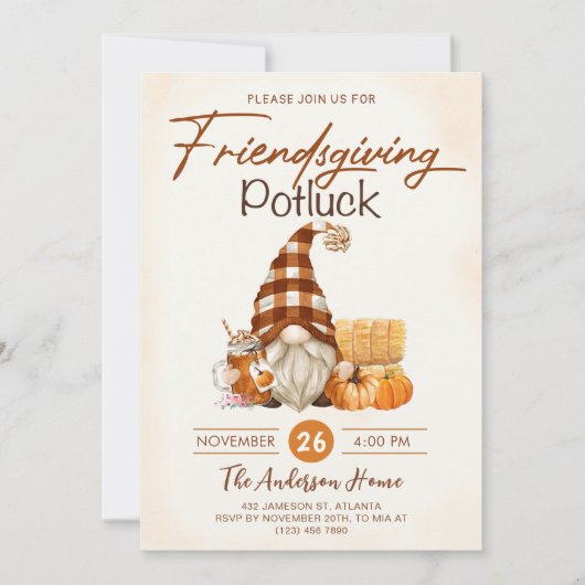 Friendsgiving Dinner Potluck Gnomes Fall Pumpkin Einladung (Vorderseite)