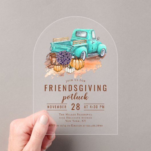 Friendsgiving-Dinner Potluck Rustikaler LKW Acryleinladungen (Insitu (Handheld))
