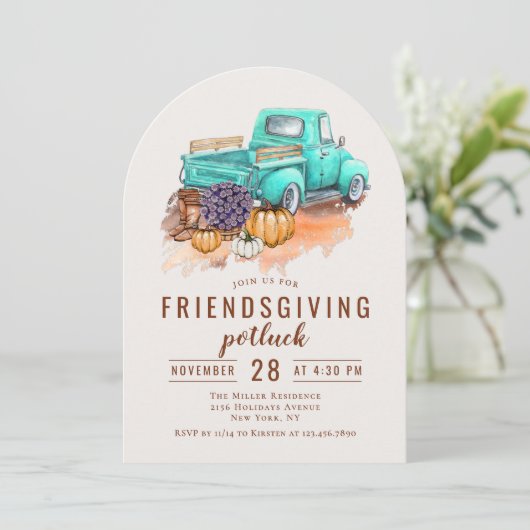 Friendsgiving-Dinner Potluck Rustikaler LKW Einladung (Stehend Vorderseite)
