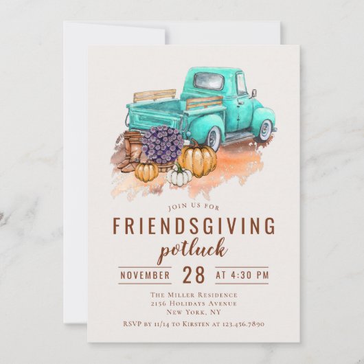 Friendsgiving-Dinner Potluck Rustikaler LKW Einladung (Vorderseite)