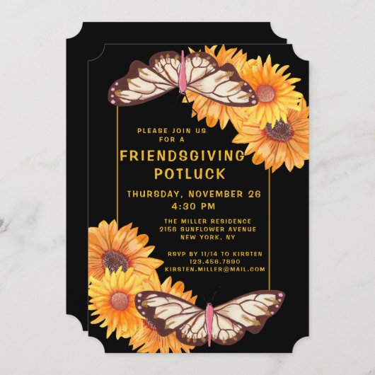Friendsgiving Dinner Potluck Sunblumen Butterfly Einladung (Vorne/Hinten)