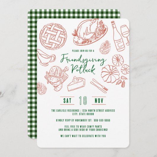 Friendsgiving Dinner Vintage Rustic Food Gingham Einladung (Vorne/Hinten)
